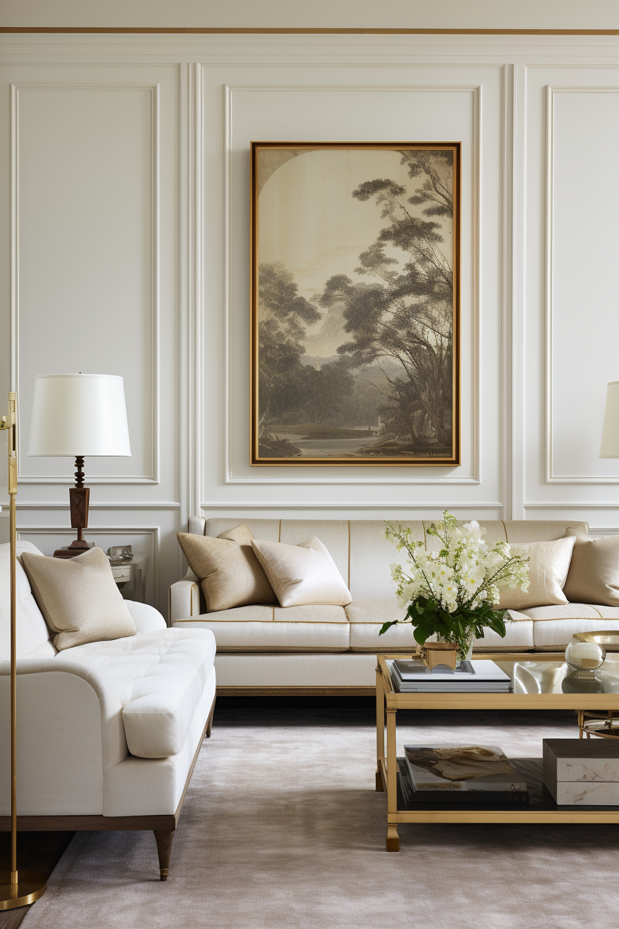 A white living room with a painting on the wall, showcasing color techniques.