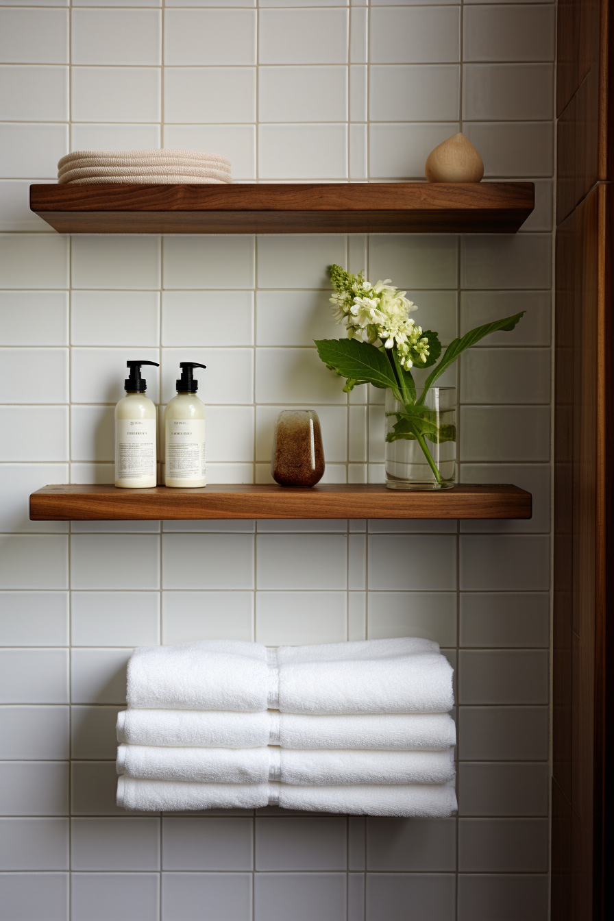 A bright and spacious bathroom enhanced with wooden shelves and towels, creating illusions of space.
