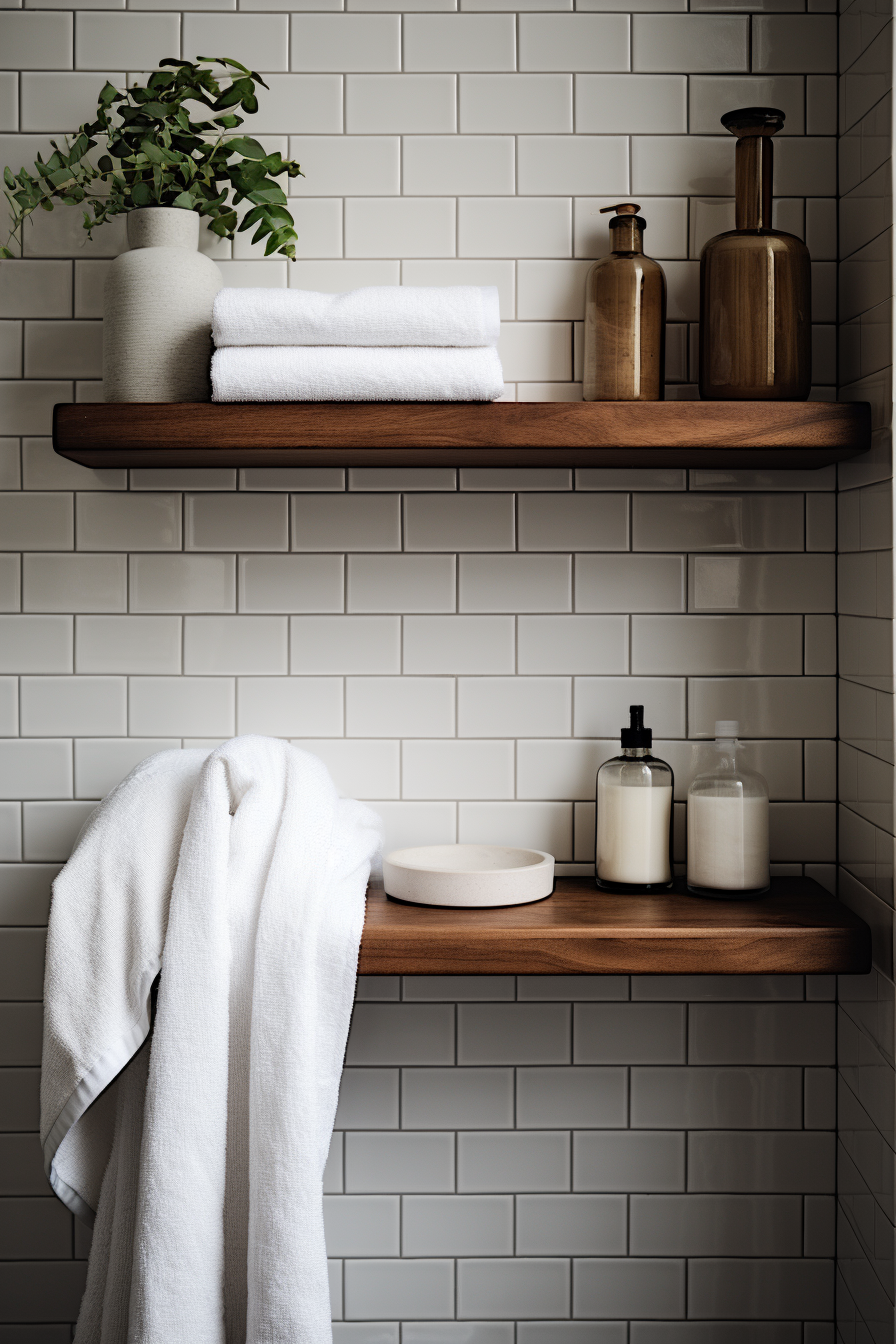 A white tiled bathroom with wooden shelves and a plant, enhanced by natural lighting.