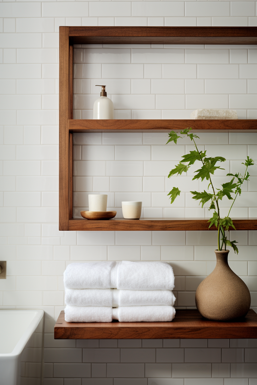 A white bathroom with wooden shelves and a potted plant, creating an illusion of space.