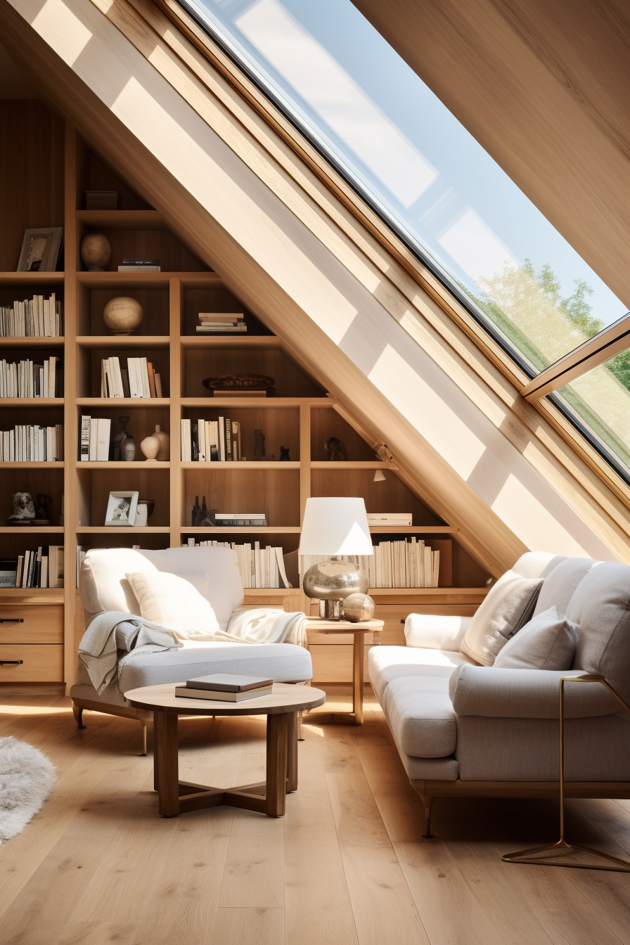 An attic living room with illusionary lighting techniques and bookshelves under a skylight.