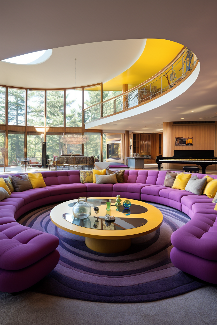 A circular couch with vibrant color and innovative lighting, creating an illusion of grandeur in a mesmerizing living room.