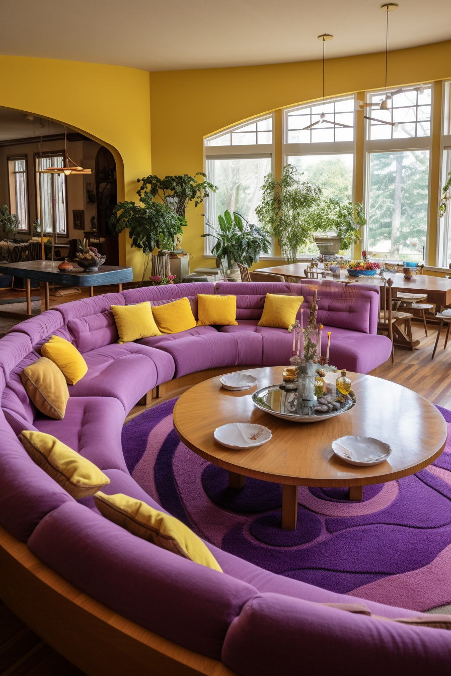 A colorful living room with a purple couch and a bright yellow table, featuring lighting techniques to create illusions of space.
