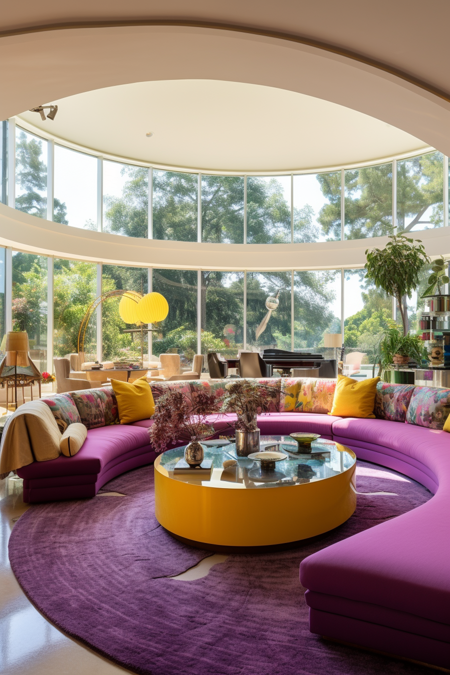A circular couch in a living room featuring illusions of space.