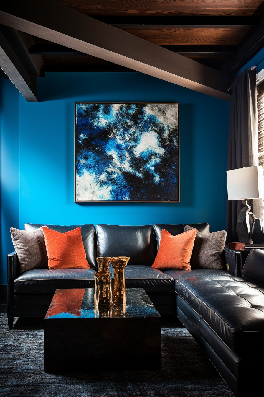 A living room with vibrant blue walls that create an illusion of space.