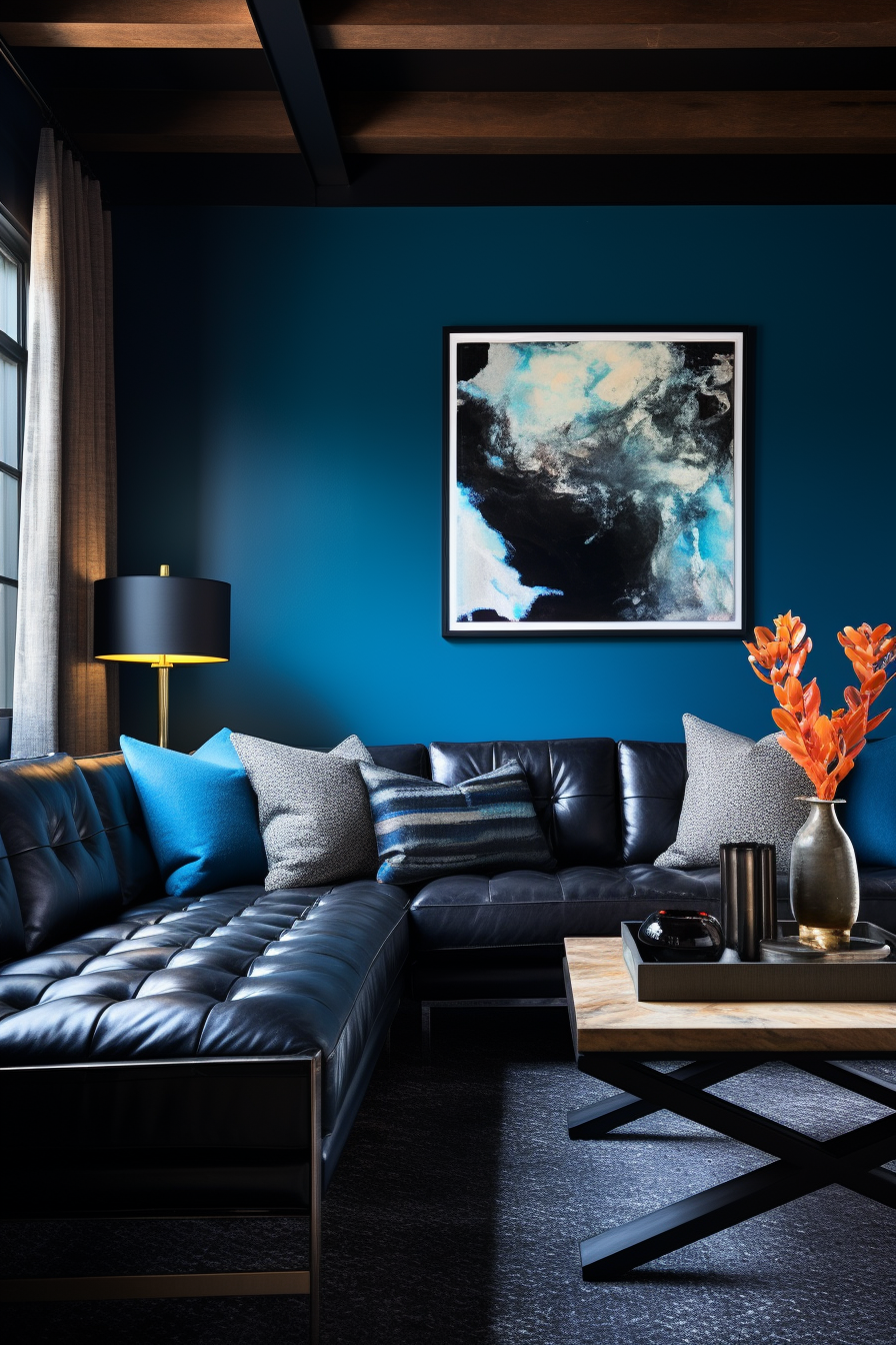 A living room with blue walls and black furniture that creates a visual illusion of space.
