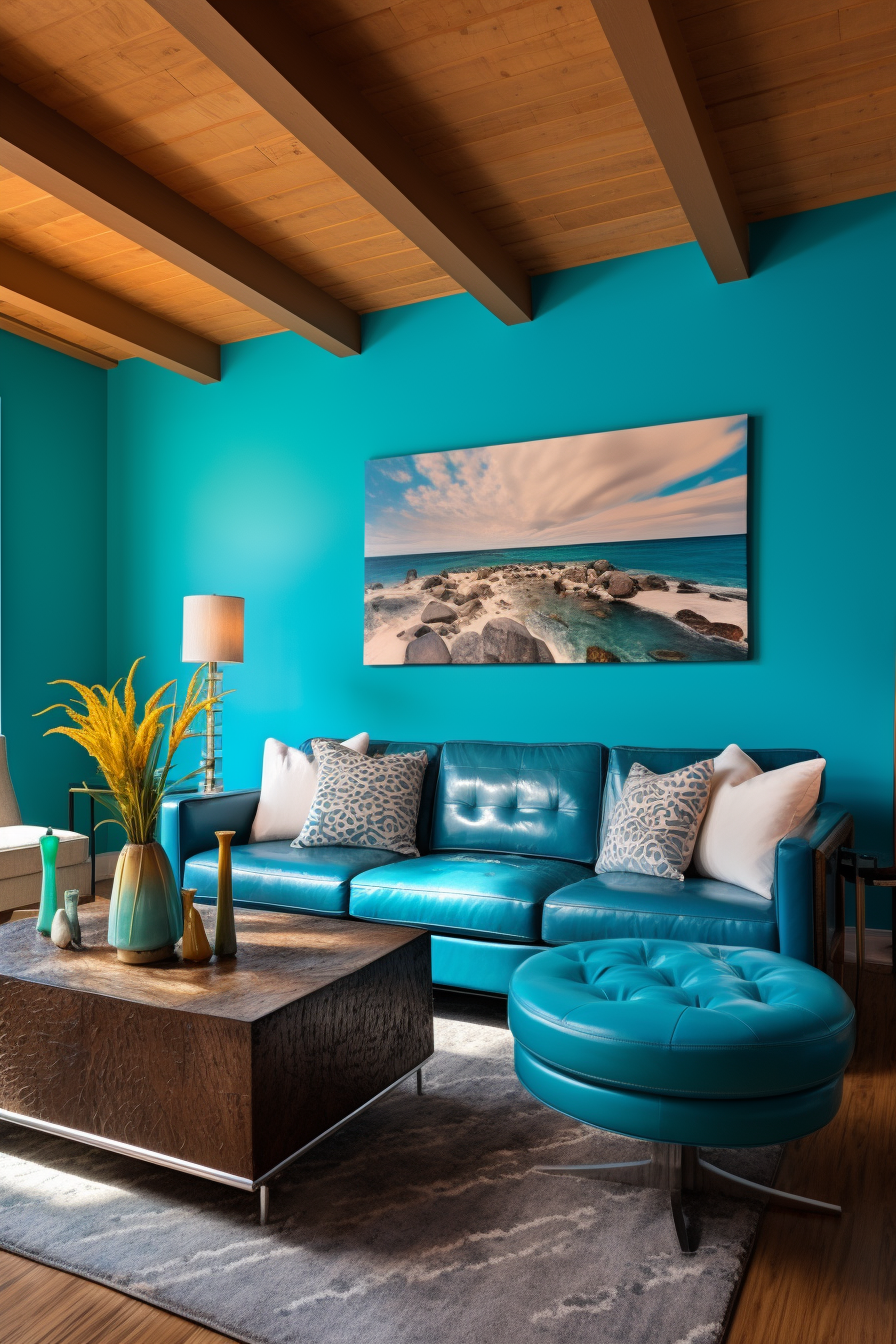 The vibrant blue walls in this living room create an illusion of space, while utilizing clever lighting techniques to enhance the color.