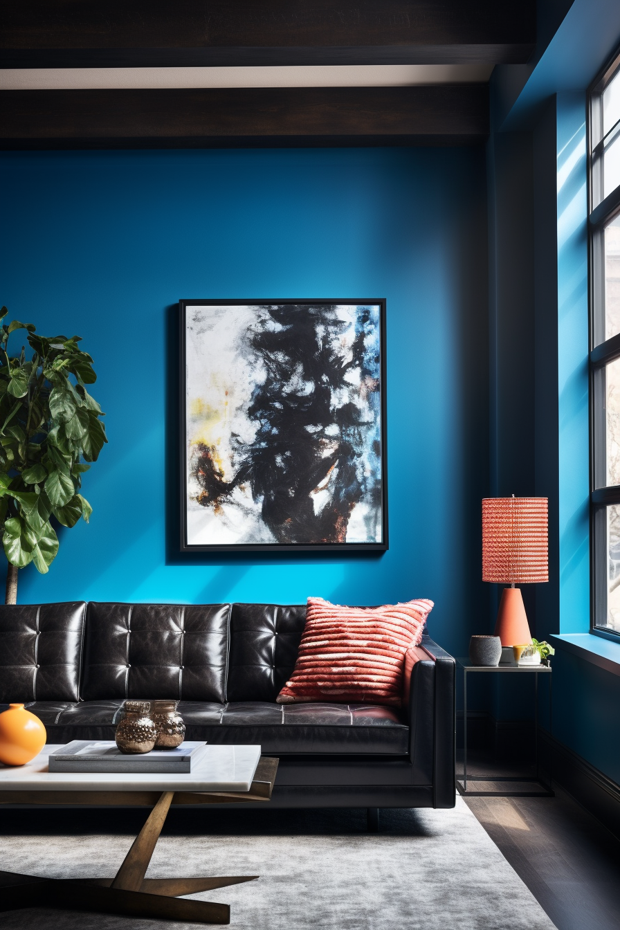 A living room with blue walls and black leather furniture that utilizes illusions of space.