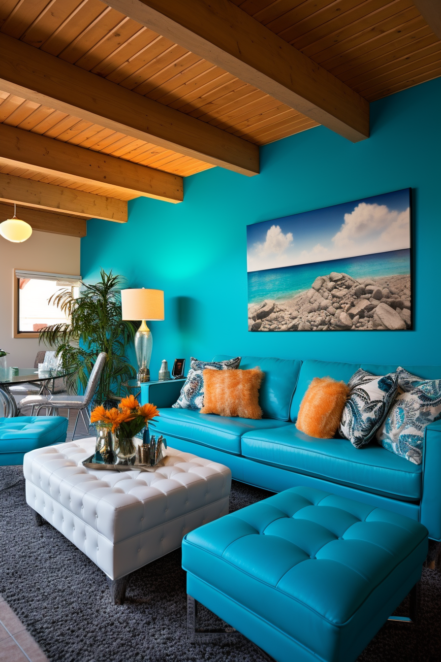 A living room with a blue couch and orange ottoman featuring creative lighting techniques to enhance the colors and create illusions of space.