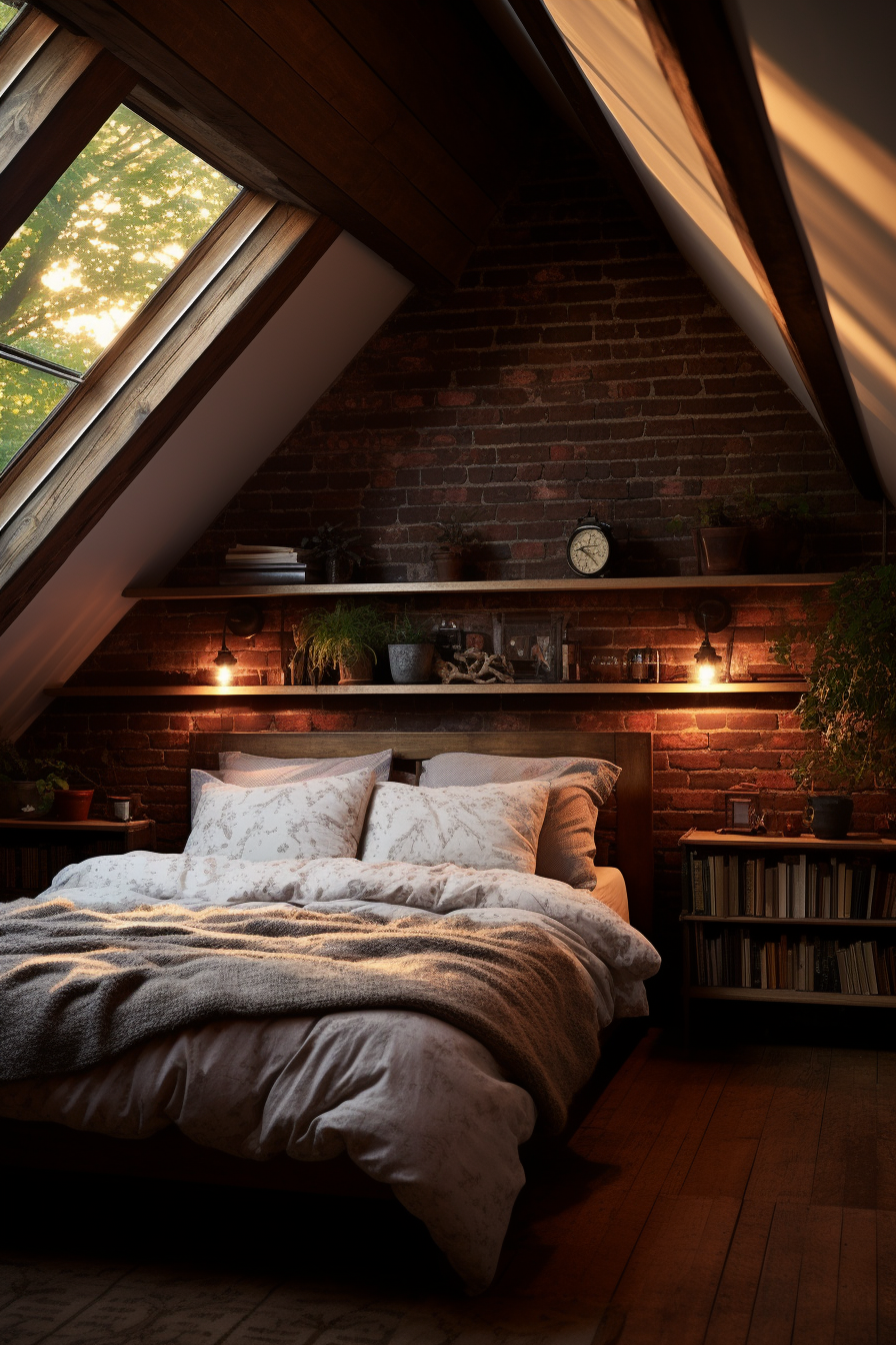 A bed in an attic, creatively designed with illusions of space and enhanced by strategic lighting techniques.