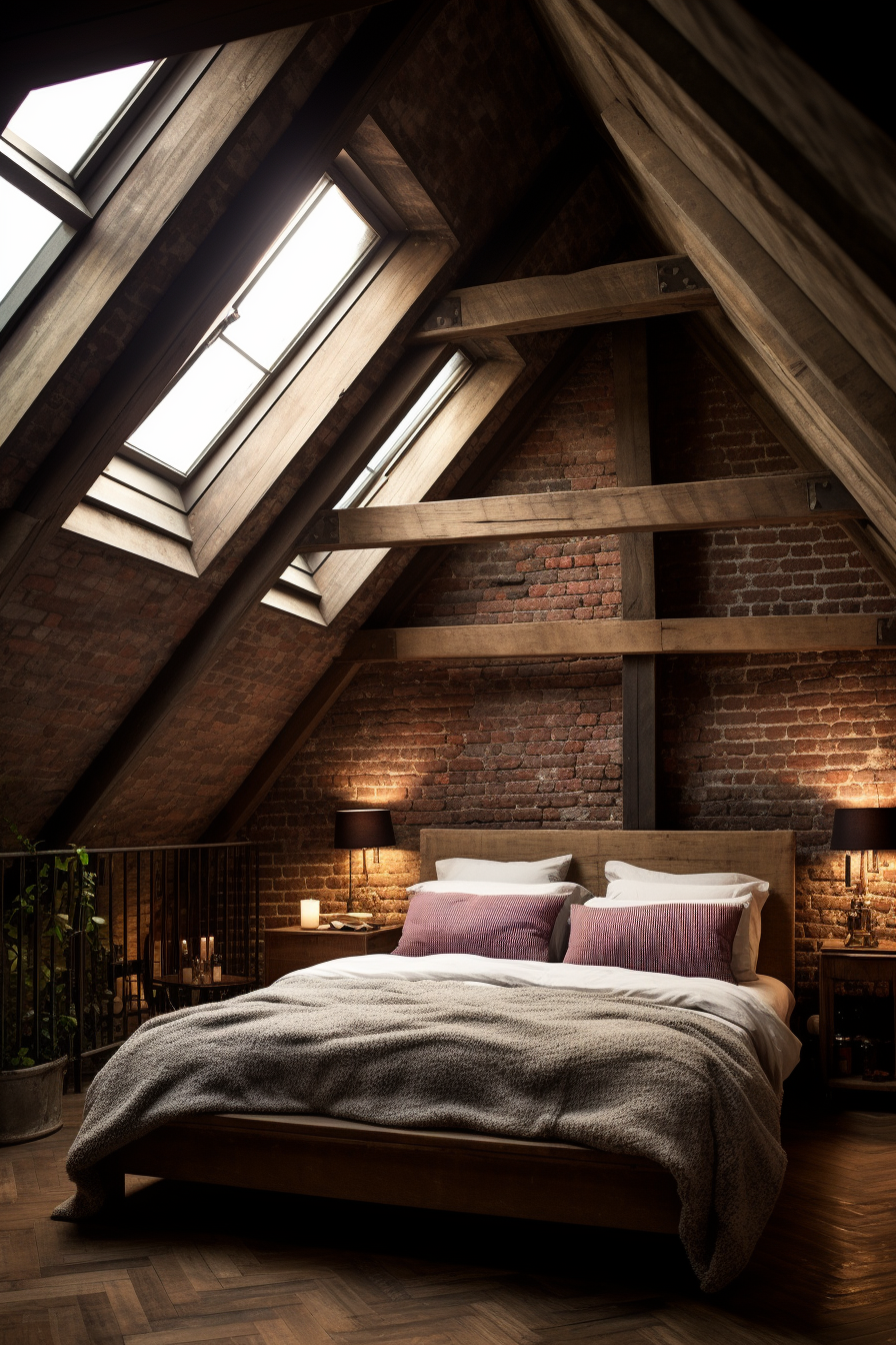 A cozy bed in an attic with warm wooden beams and ample natural lighting.