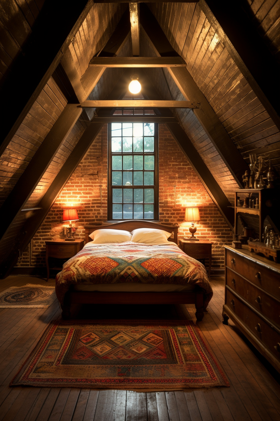An attic bed with cozy lighting.