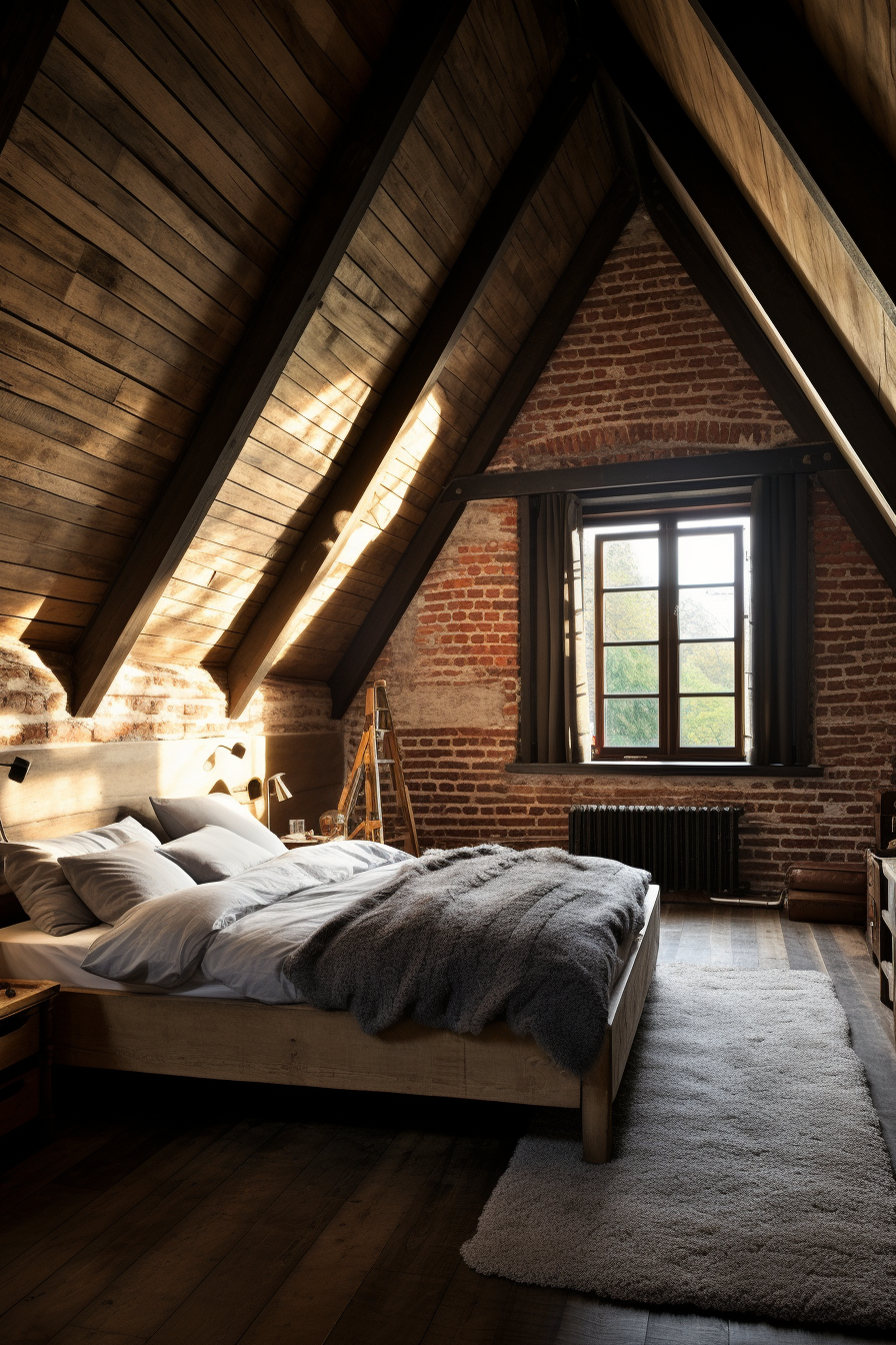 A cozy attic bedroom with warm wooden beams and a comfortable bed, illuminated by soft natural lighting.