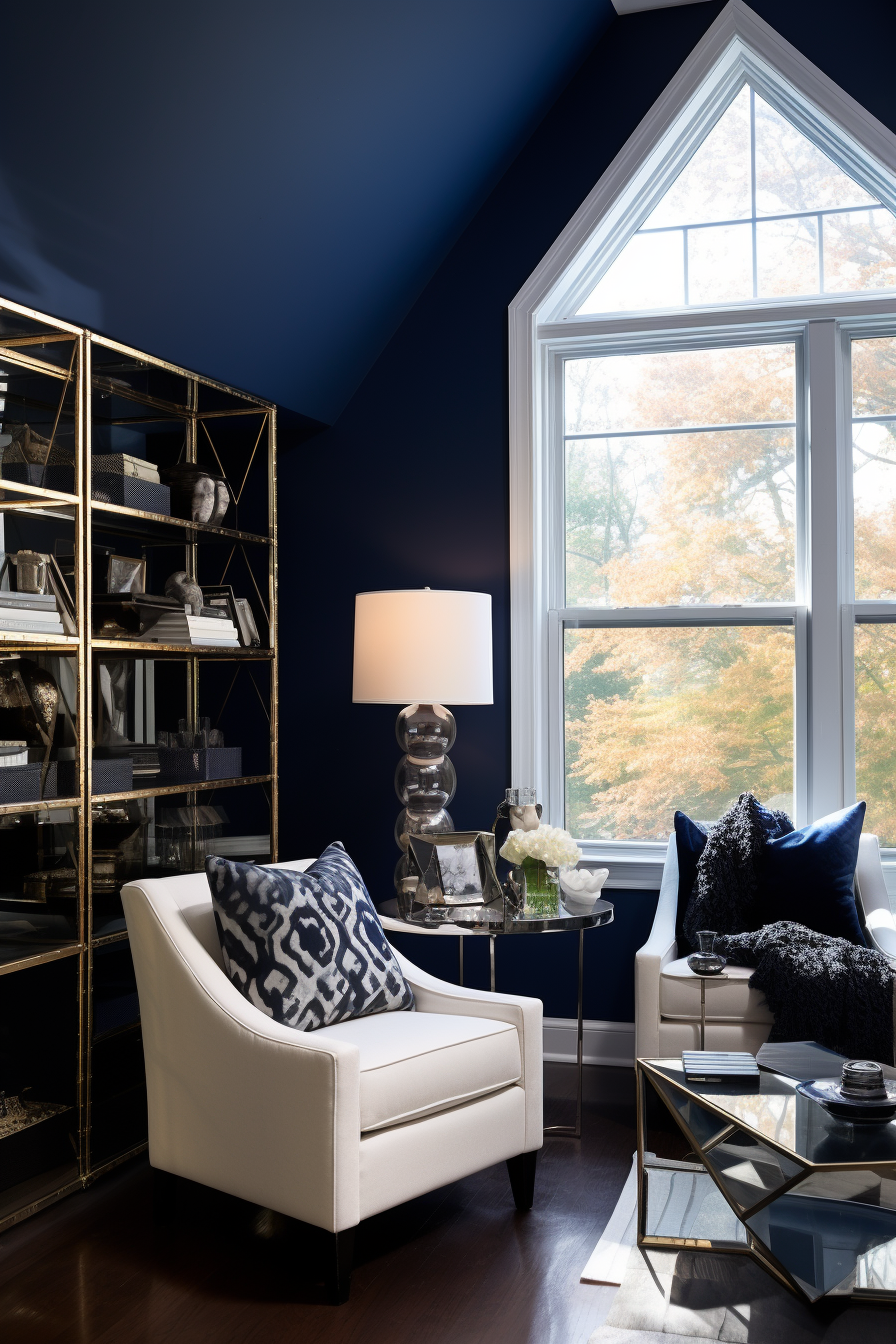 A living room with blue walls and gold accents that create a stunning color scheme.