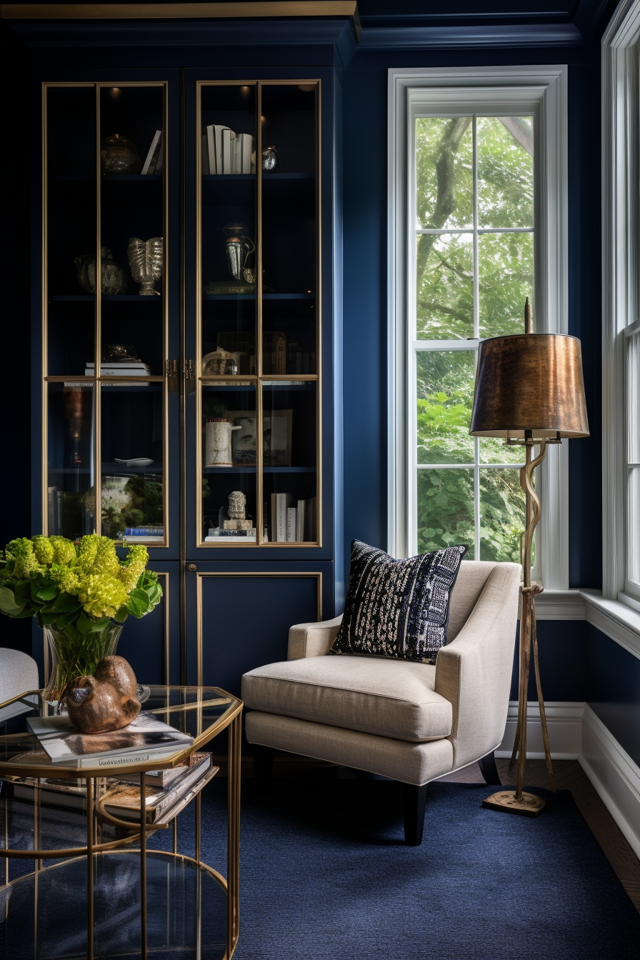 A living room featuring blue walls that create illusions of space and are complemented by gold accents.