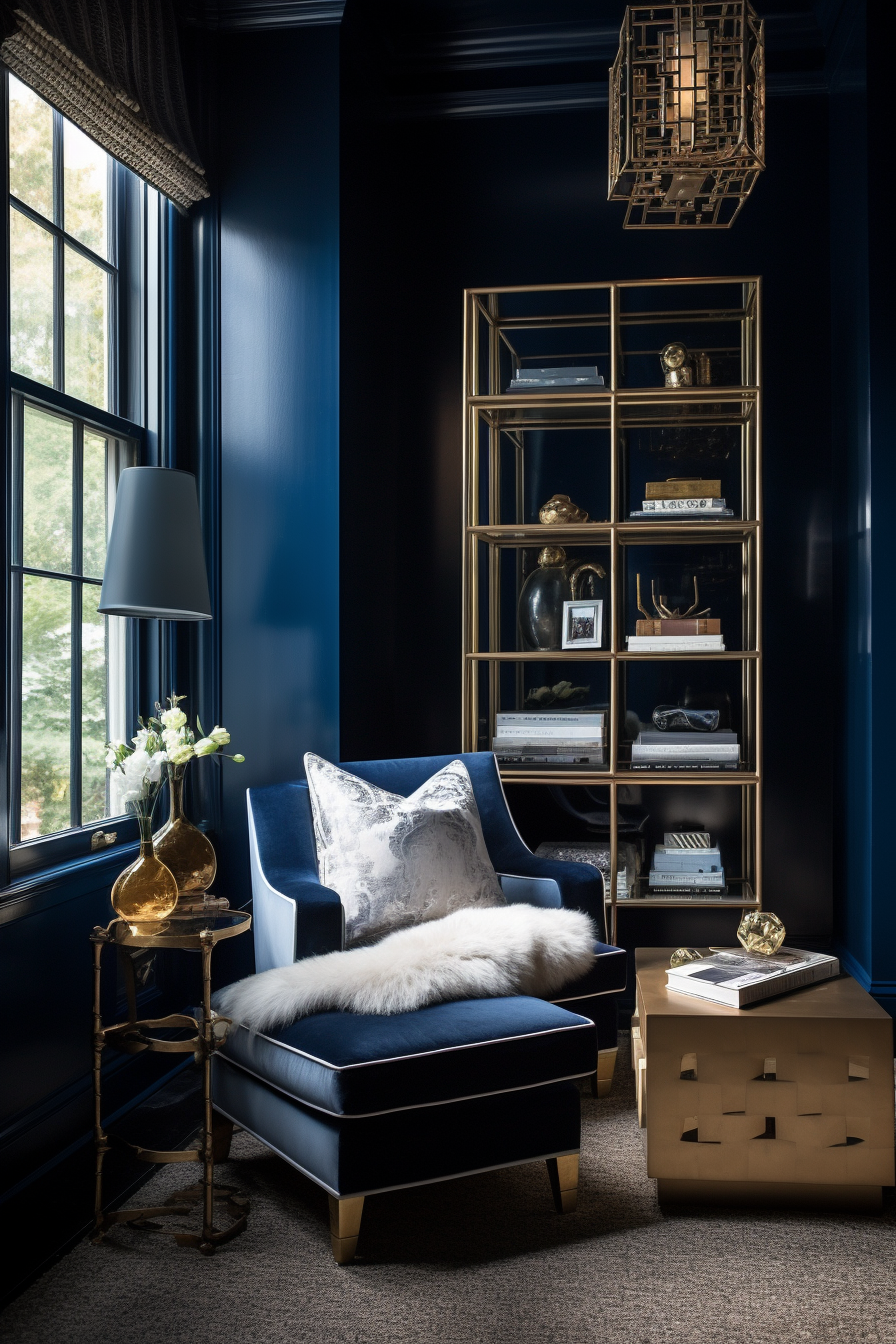 Using lighting techniques and color, create a living room with blue walls and gold accents, giving the illusion of space.
