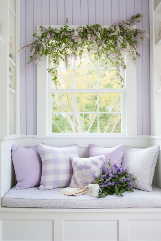 A purple window seat with pillows and flowers inside a country house.