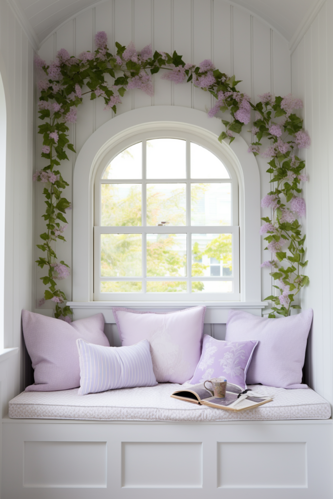 An interior design of a country house window seat adorned with purple flowers and pillows.