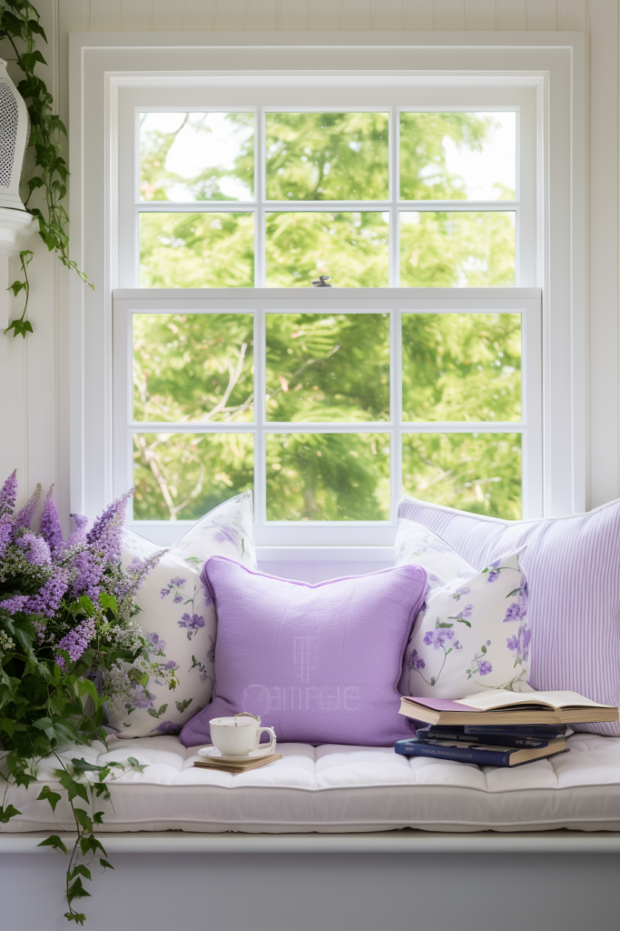 A countryside-inspired window seat adorned with purple pillows and a potted plant - an inspiring touch to any house interior design.
