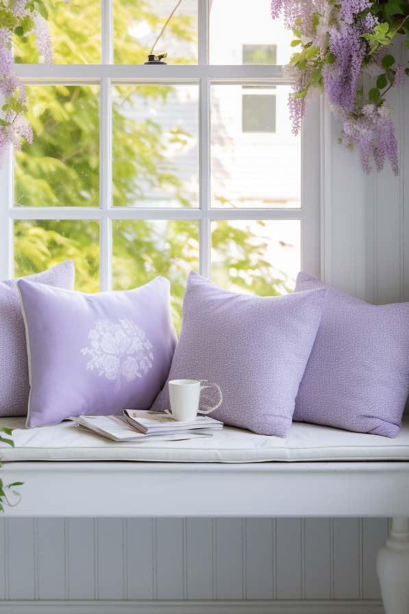 The picturesque interior design of a countryside house features a cozy window seat adorned with vibrant purple flowers and accompanied by a steaming cup of coffee.
