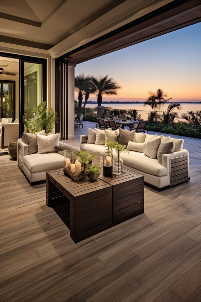 An outdoor living room with a view of the ocean in a countryside house.
