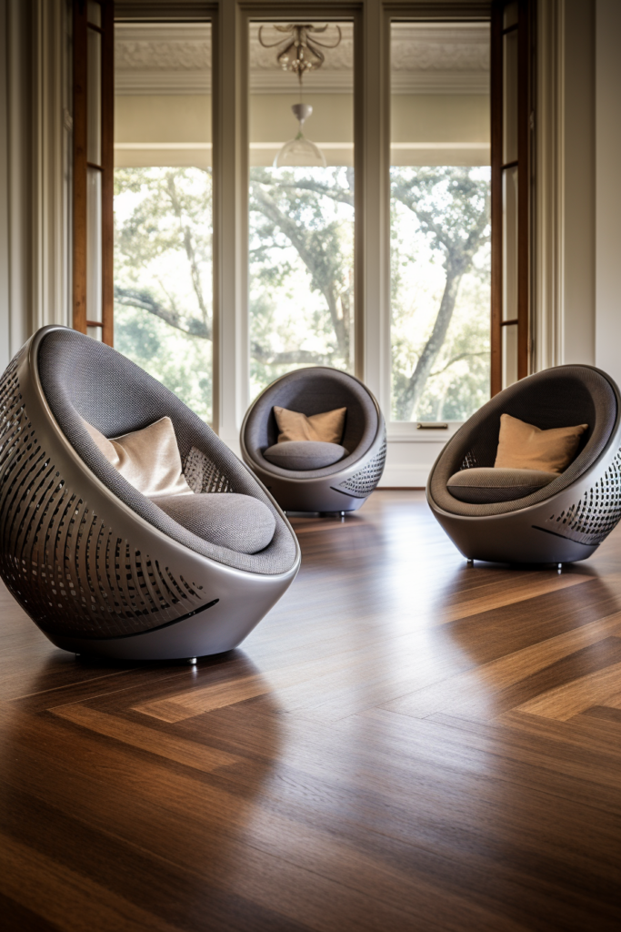 Three chairs on a wooden floor in an interior design.