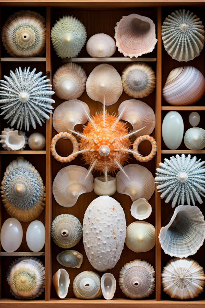 A stunning collection of sea shells displayed in a wooden box, providing beautiful country house examples.