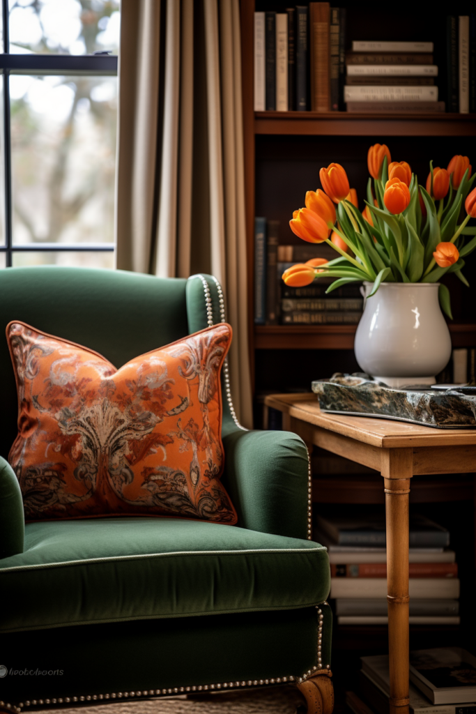 A green chair with orange tulips in a vase provides a lovely touch of nature to the house interior design.