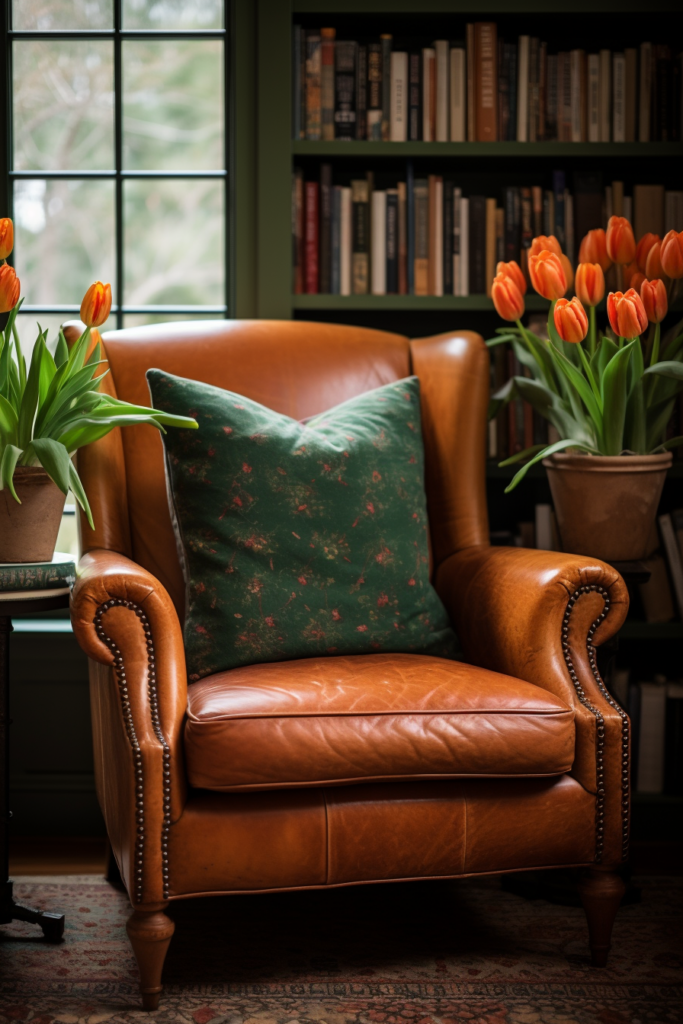 A leather chair with orange tulips in front of a bookcase, providing inspiration for interior design in a countryside house.