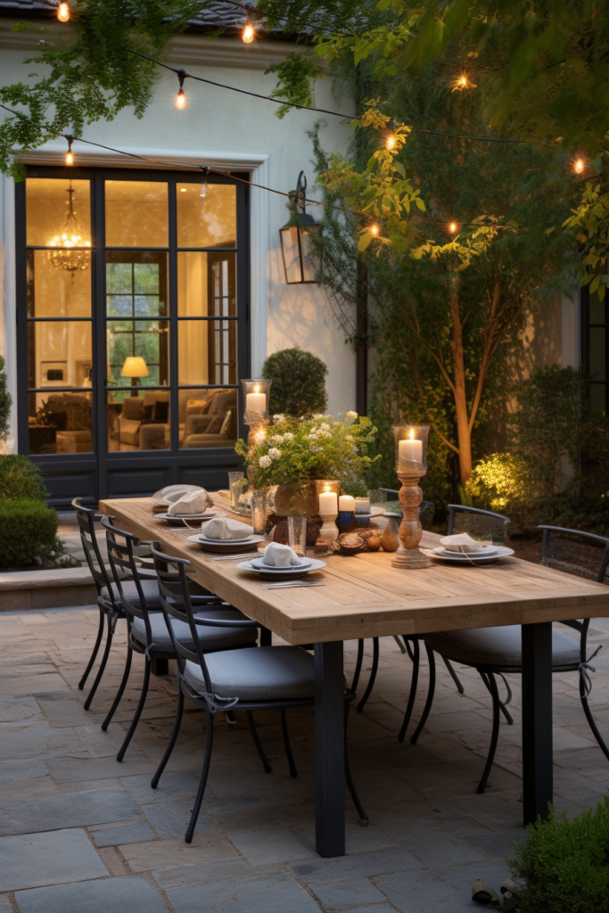 An outdoor dining table with string lights provides a rustic and charming atmosphere, perfect for design inspiration and creating a countryside feel in your house interior.