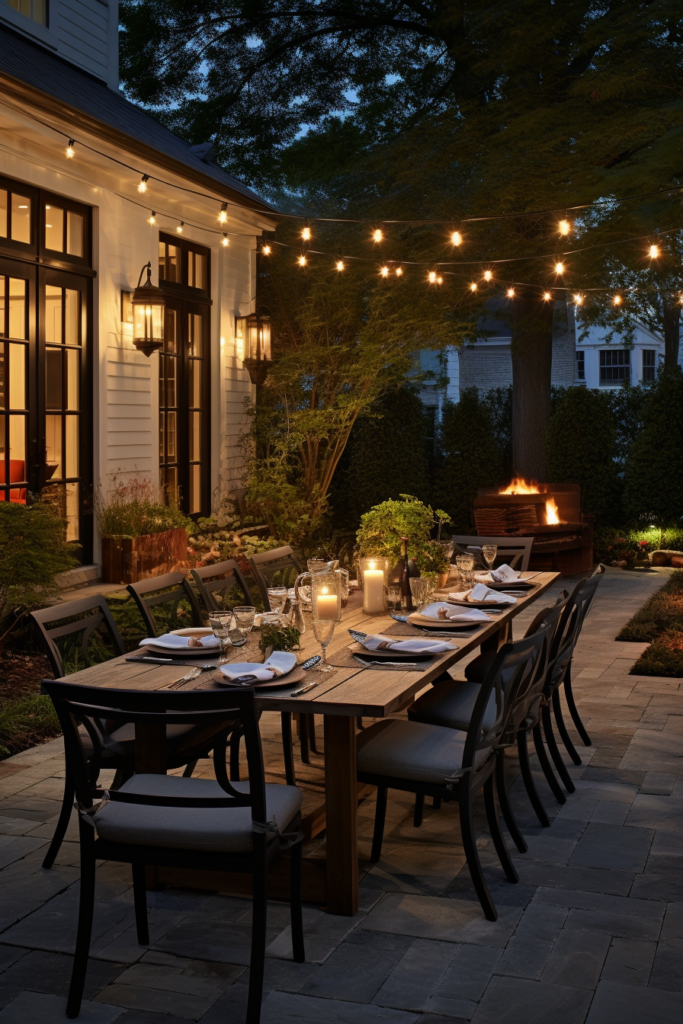 An outdoor dining area at a countryside house lit up with string lights.