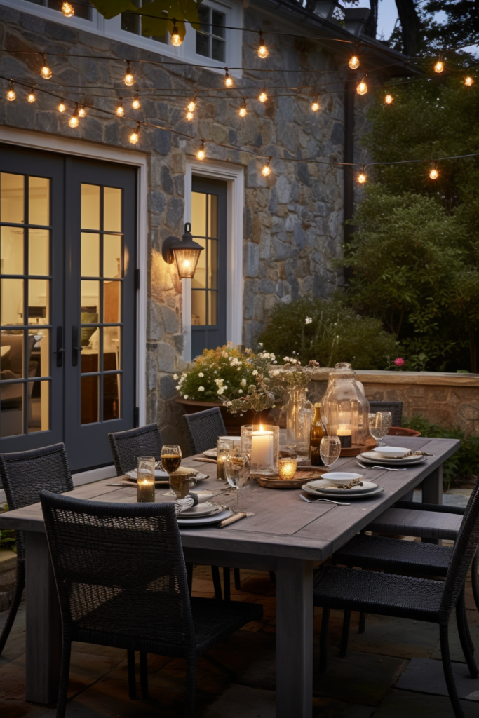 A charming countryside house with an outdoor dining table adorned with string lights, offering inspiration for interior design.