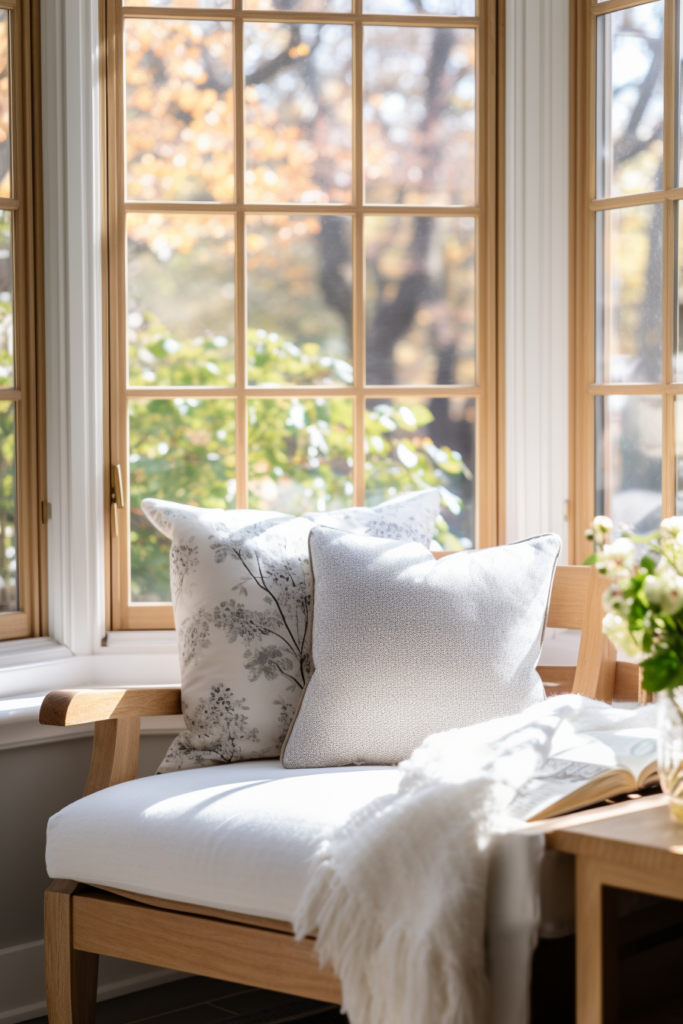 A white chair with a white pillow in front of a window, offering interior design inspiration in a countryside house.