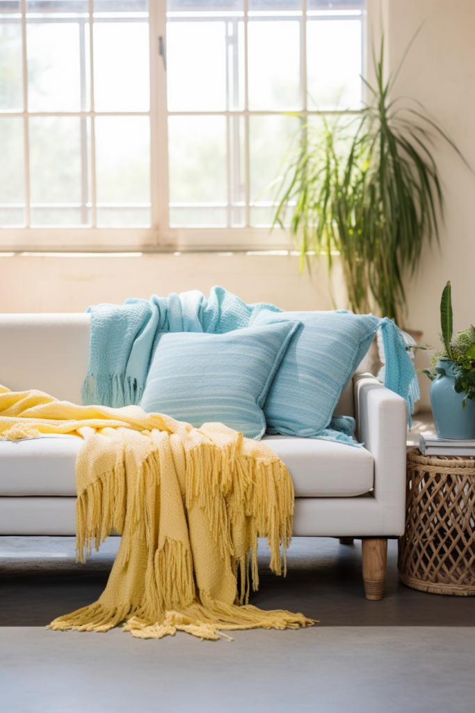 A countryside house with a couch adorned with yellow and blue blankets and a potted plant.