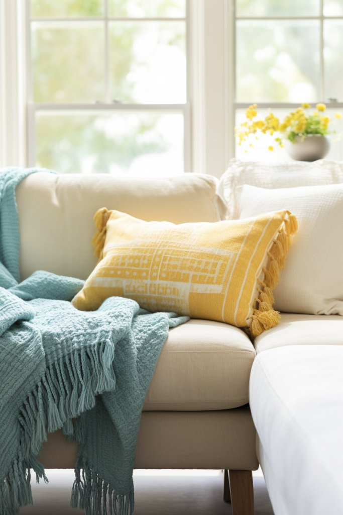 A countryside house with a white couch adorned with blue and yellow throw pillows, complemented by a window bringing in natural light.