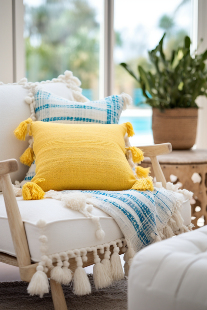 An interior design featuring a white chair with a yellow pillow and tassels.