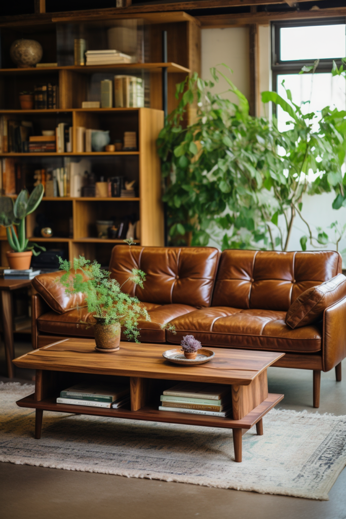 An inspiration for interior design in a countryside house, featuring a brown leather couch and a coffee table.
