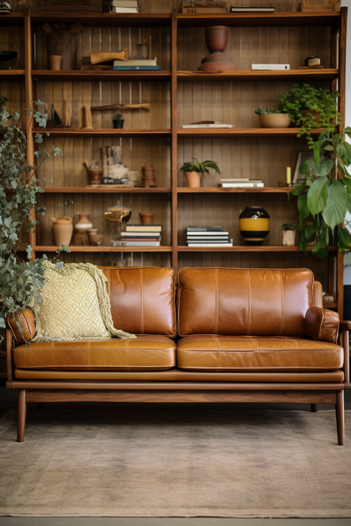 A tan leather sofa in front of a bookshelf, providing interior design inspiration in a countryside house.