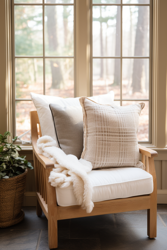 A cozy wooden chair with pillows in front of a window, providing interior design inspiration and adding a touch of countryside charm to any country house.