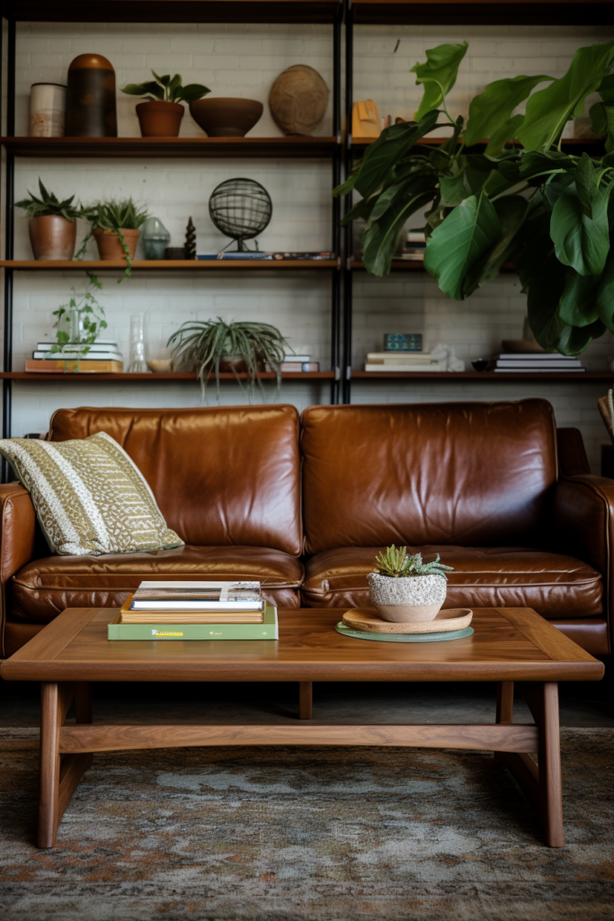 An inspiring living room in a countryside house, featuring a brown leather sofa and a coffee table.