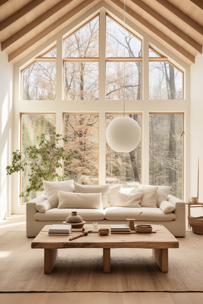 A white couch in a countryside house.