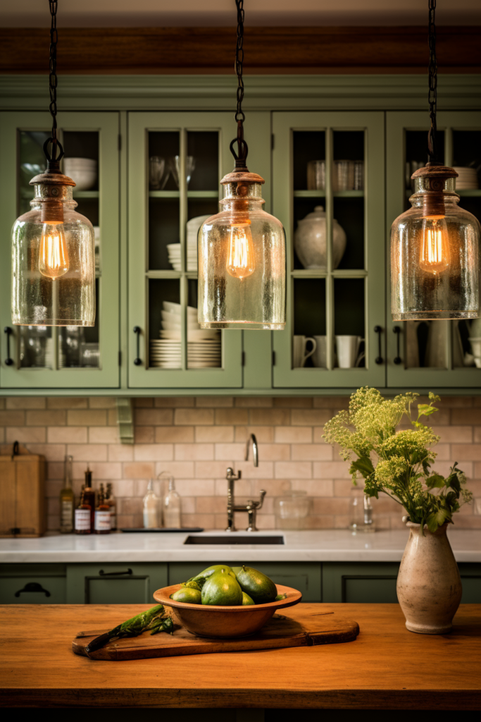 A beautiful kitchen with green cabinets and glass pendant lights, providing interior design inspiration.