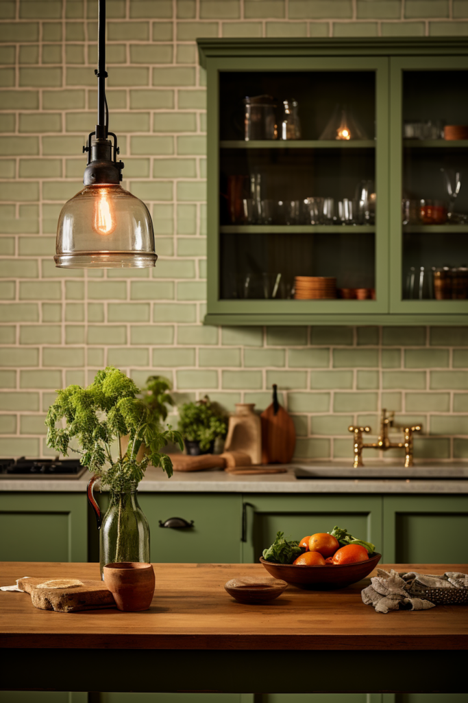 An inspiring countryside house kitchen with green cabinets and a pendant light.