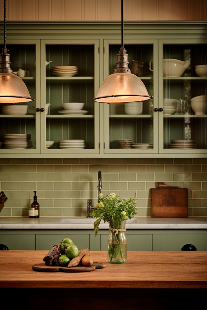 A countryside kitchen with green cabinets and a wooden counter top, providing interior design inspiration for a country house.