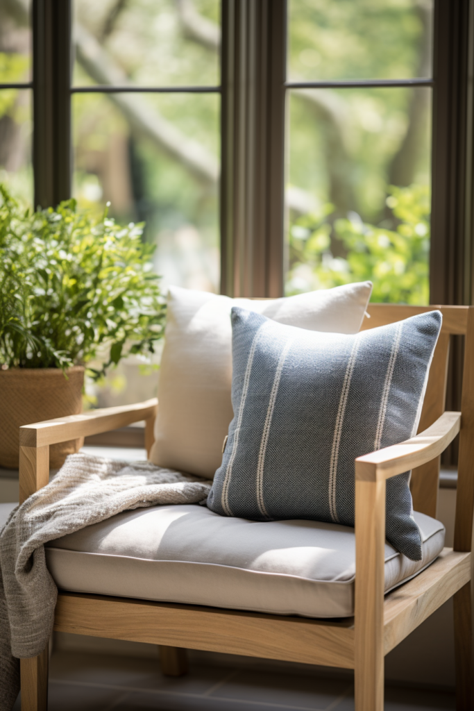 A countryside house interior design featuring a wooden chair with a blue pillow placed elegantly in front of a window, offering an inspiration for creating cozy and inviting spaces.