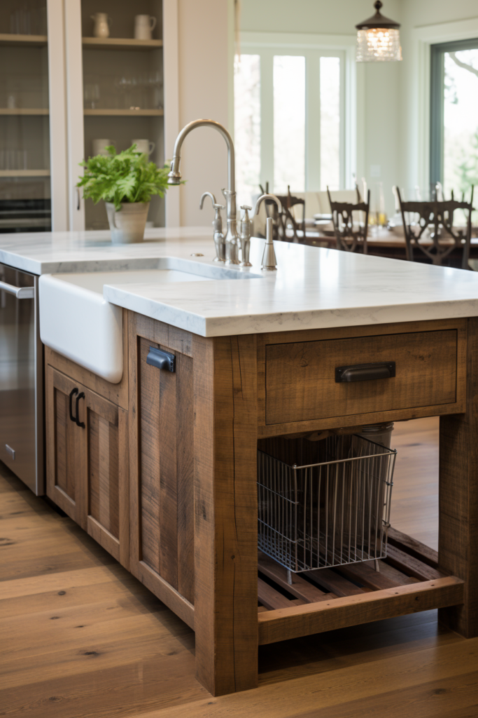 An interior design of a countryside house featuring a kitchen island with a sink and baskets.