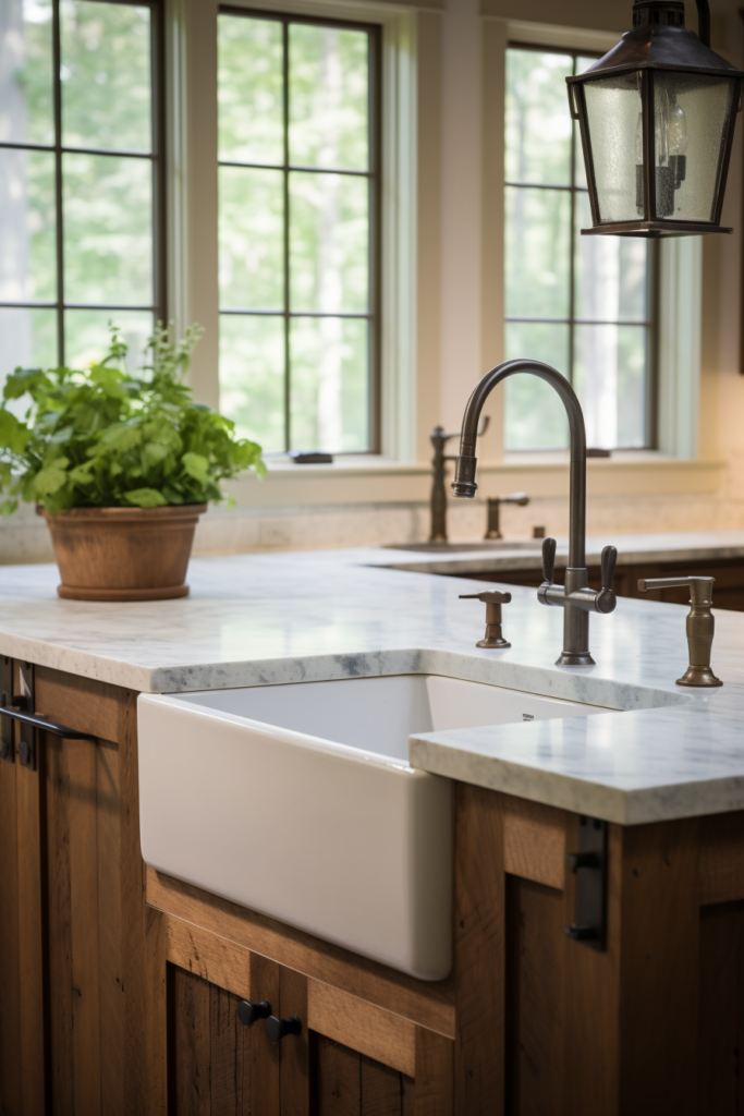 A country house kitchen with a white sink and wooden counter tops featuring rustic interior design.