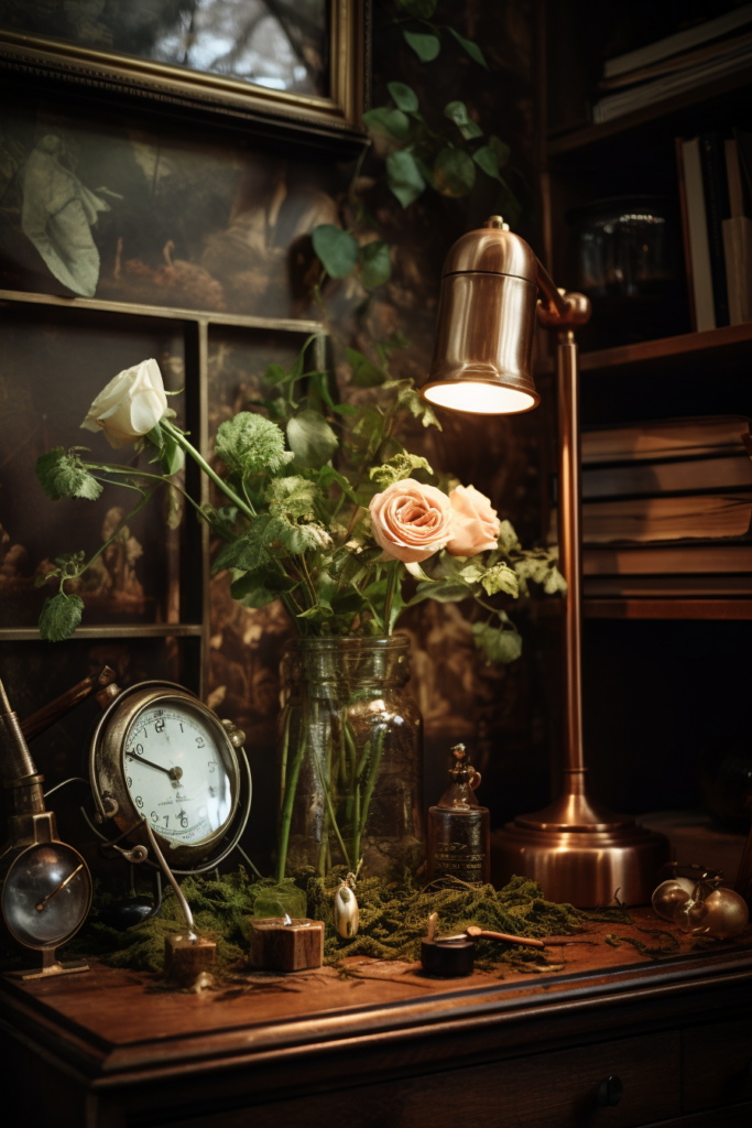 A beautiful country house interior design featuring a desk adorned with a clock, flowers, and a lamp.