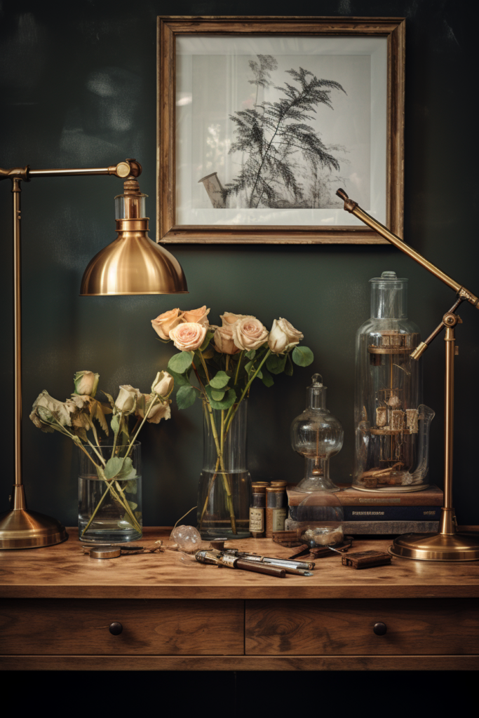 In a countryside house, an inspiration for interior design can be found on a desk adorned with beautiful flowers and a lamp.
