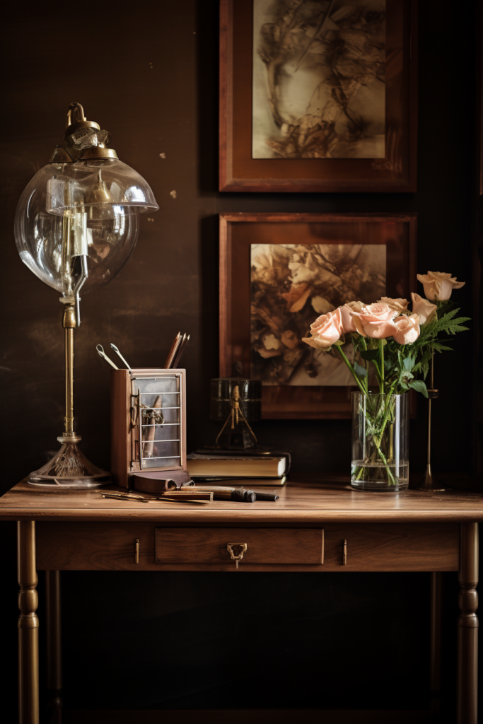 A beautiful country house with a desk adorned by a vase of flowers and a lamp.